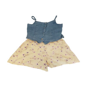 Vintage Skort Romper Girls XL Blue Denim Yellow Floral Spaghetti Strap One Piece